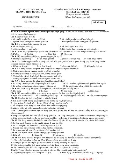 Đề thi Giữa kì 1 Lịch sử 10 năm 2025-2026 trường THPT Hướng Hoá (Quảng Trị)
